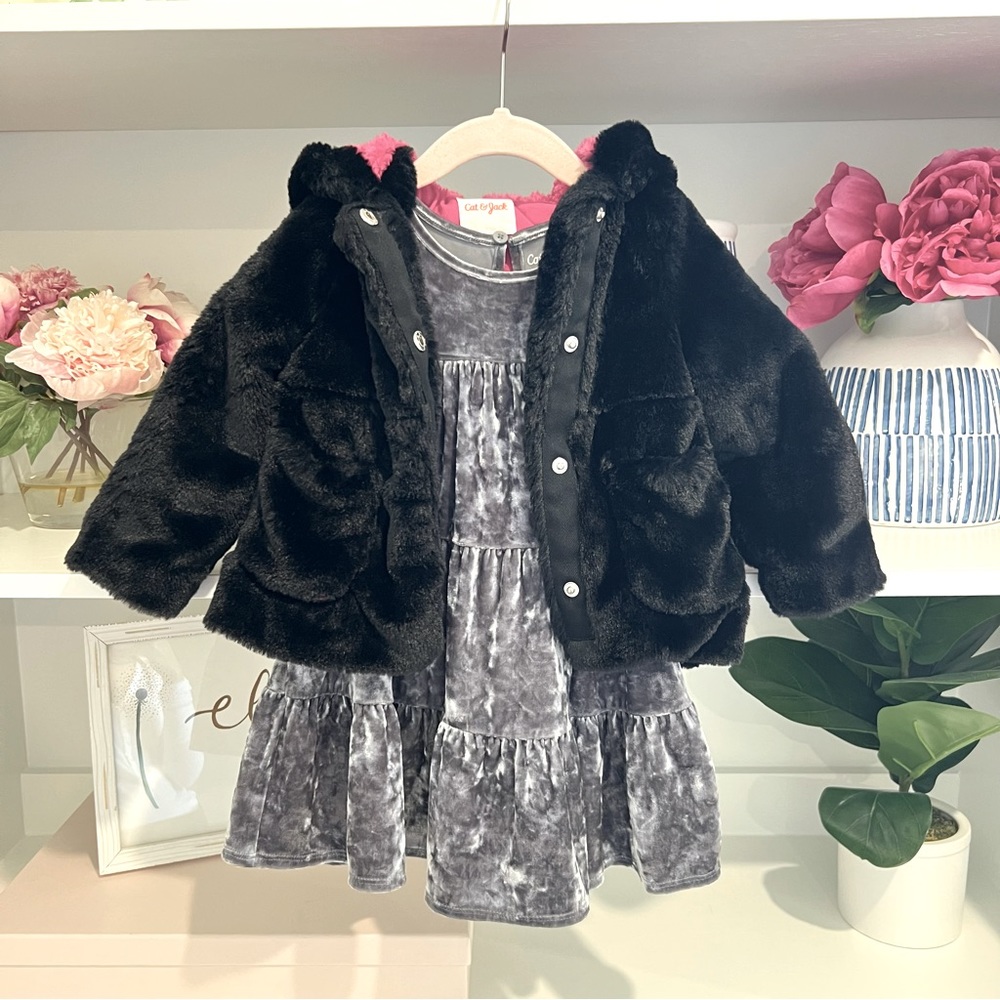 Girls 2T Cat & Jack Black Faux Fur Coat & 3T Cat & Jack Grey Velvet Dress